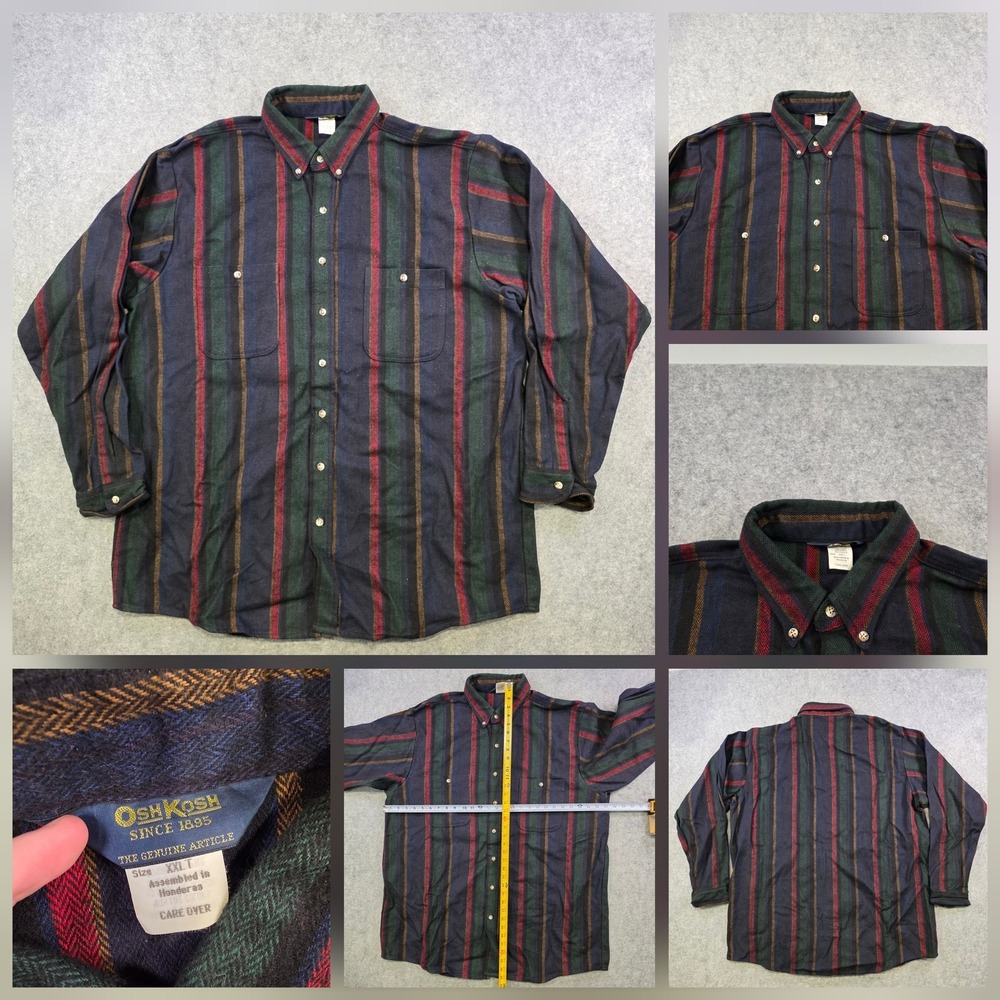 VTG OshKosh Shirt Mens XLT Multicolor Striped Flannel Button Down Cotton Pockets
